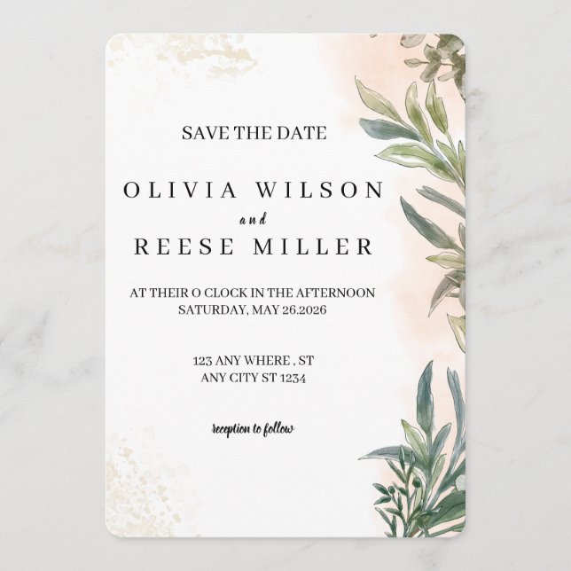 Convites Botanical Watercolor Wedding Save the Date (Frente)