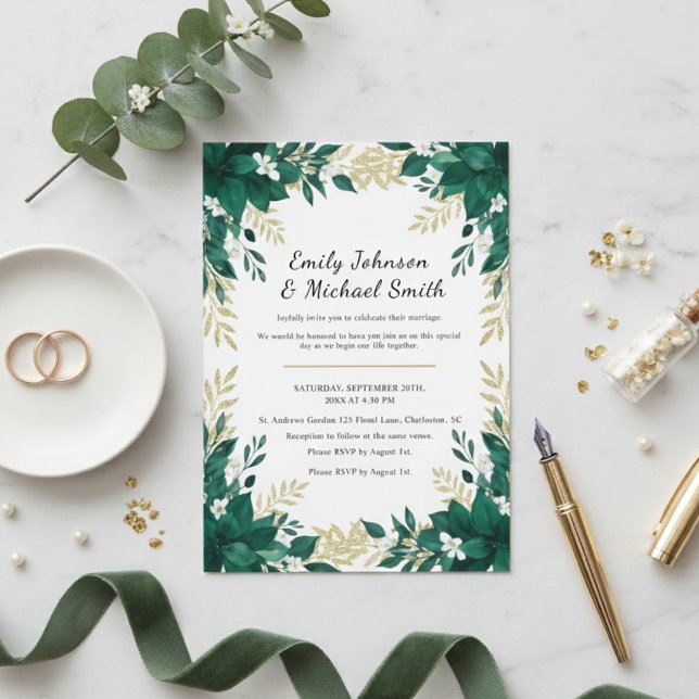 Convites Botanical Wedding Invitation with Green Leaves  (Criador carregado)