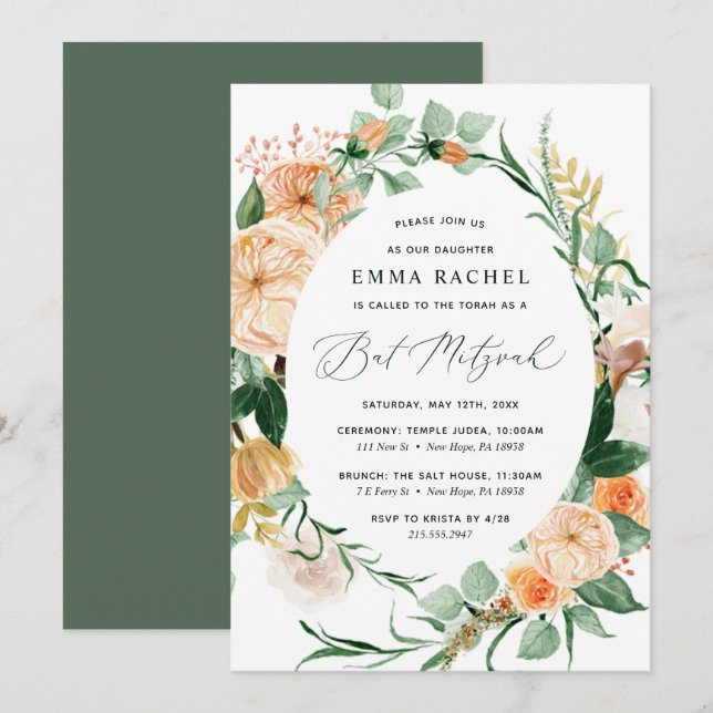 Convites Botânico Boho Personalizado Verde Bat Mitzvah (Frente/Verso)