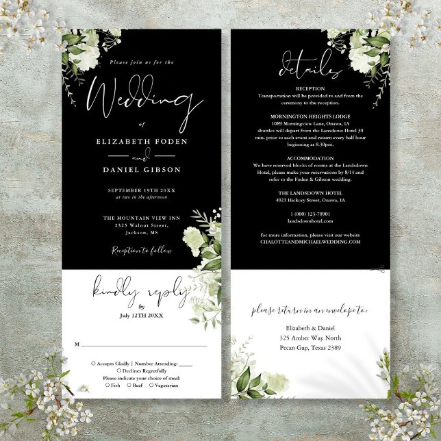 Convites Botânico Floral Preto Branco Casamento Tudo Em Um (Black White Botanical Floral All In One Wedding Invitation)