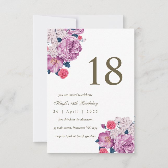 Convites Botânico Floral Roxo Simples Chic 18 Anos (Frente)
