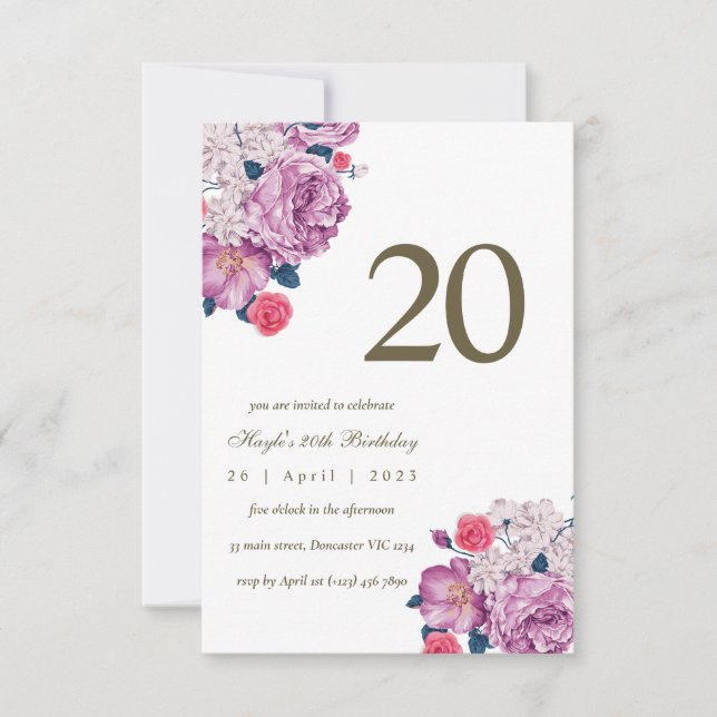 Convites Botânico Floral Roxo Simples Chic 20º Aniversário (Frente)