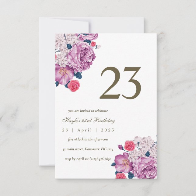 Convites Botânico Floral Roxo Simples Chic 23º Aniversário (Frente)