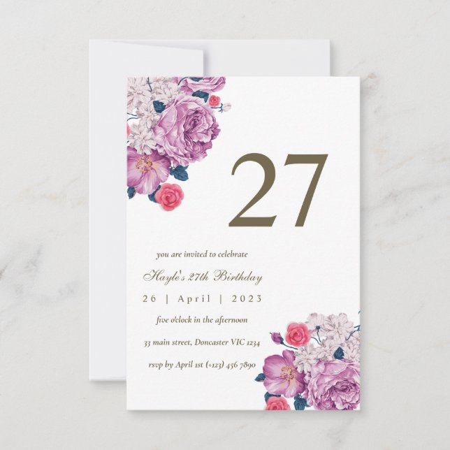 Convites Botânico Floral Roxo Simples Chic 27º Aniversário (Frente)