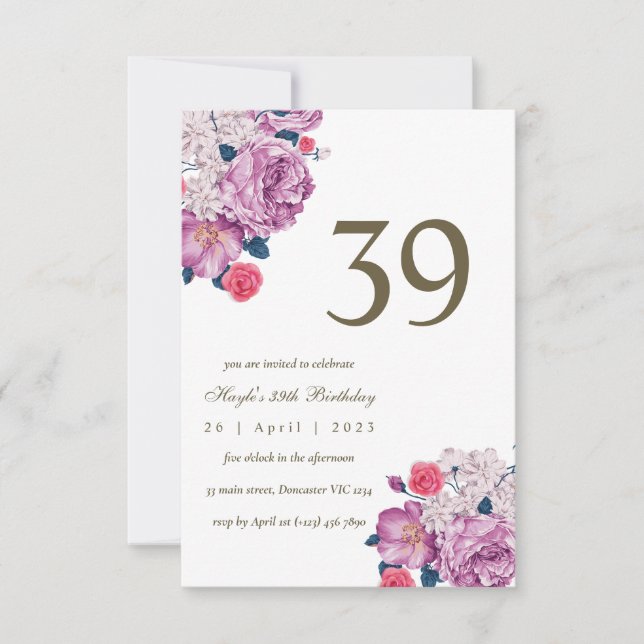 Convites Botânico Floral Roxo Simples Chic 39º Aniversário (Frente)