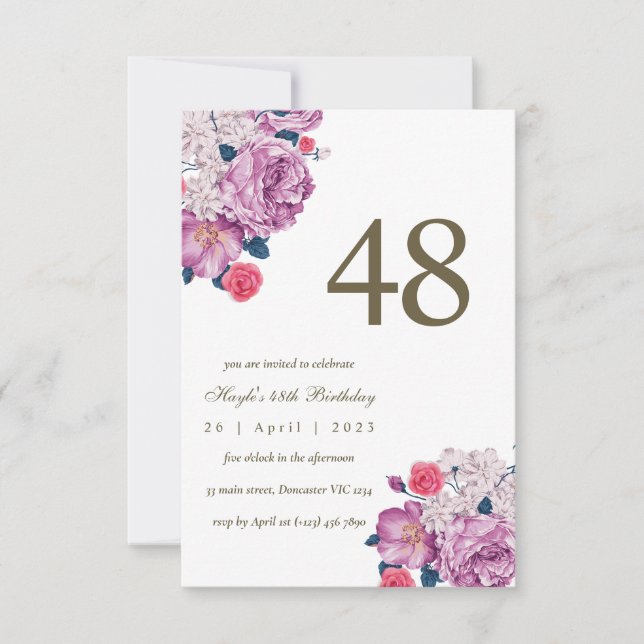 Convites Botânico Floral Roxo Simples Chic 48º Aniversário (Frente)
