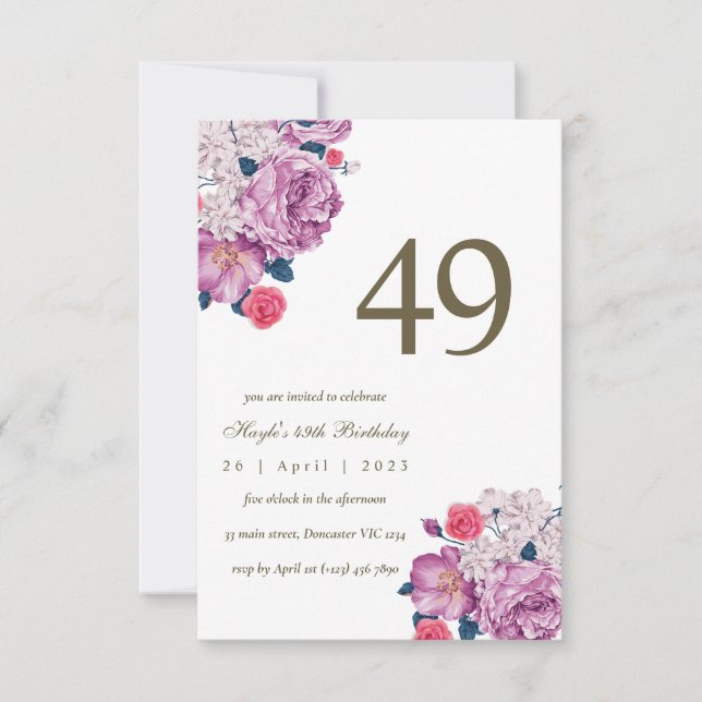 Convites Botânico Floral Roxo Simples Chic 49º Aniversário (Frente)