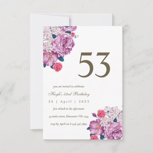 Convites Botânico Floral Roxo Simples Chic 53º Aniversário (Frente)
