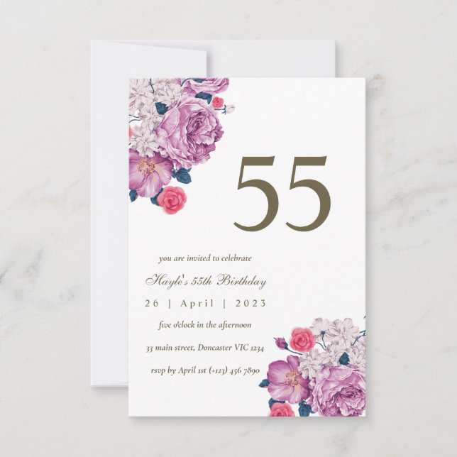 Convites Botânico Floral Roxo Simples Chic 55º Aniversário (Frente)