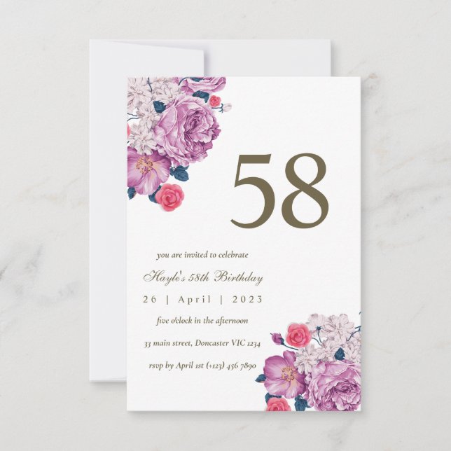 Convites Botânico Floral Roxo Simples Chic 58º Aniversário (Frente)