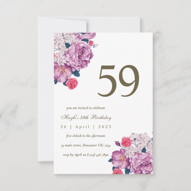 Convites Botânico Floral Roxo Simples Chic 59º Aniversário (Frente)