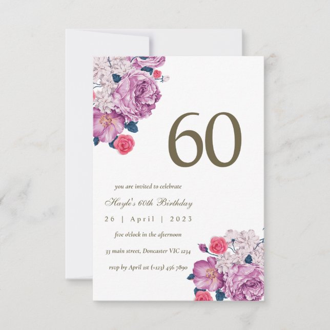 Convites Botânico Floral Roxo Simples Chic 60º Aniversário (Frente)