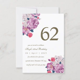 Convites Botânico Floral Roxo Simples Chic 62º Aniversário