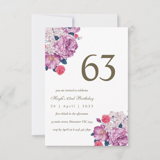 Convites Botânico Floral Roxo Simples Chic 63º Aniversário (Frente)