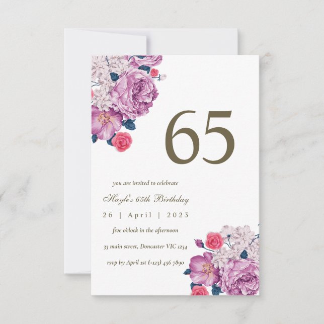 Convites Botânico Floral Roxo Simples Chic 65º Aniversário (Frente)