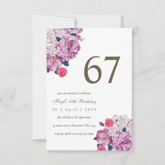 Convites Botânico Floral Roxo Simples Chic 67º Aniversário (Frente)