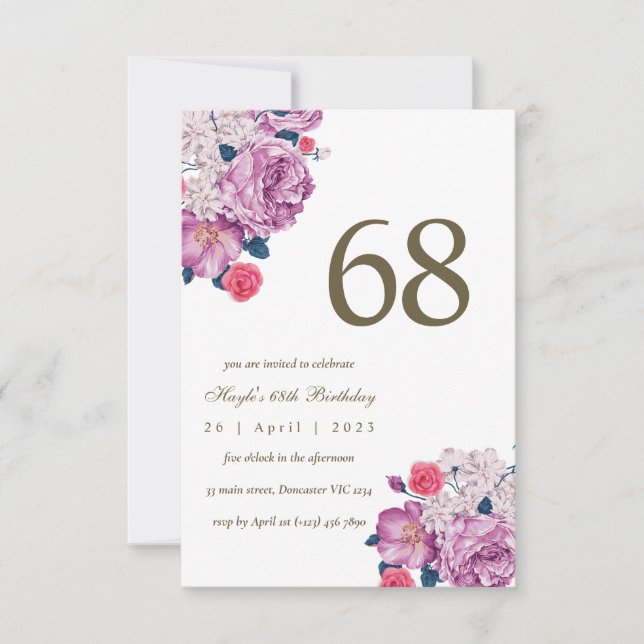 Convites Botânico Floral Roxo Simples Chic 68º Aniversário (Frente)