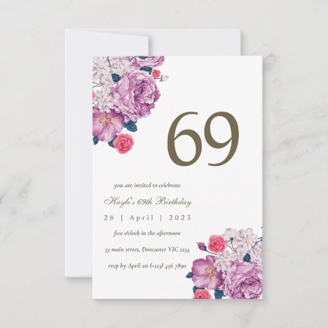 Convites Botânico Floral Roxo Simples Chic 69º Aniversário (Frente)