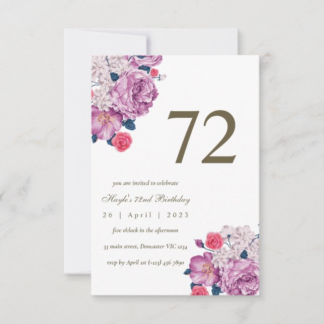 Convites Botânico Floral Roxo Simples Chic 72º Aniversário (Frente)