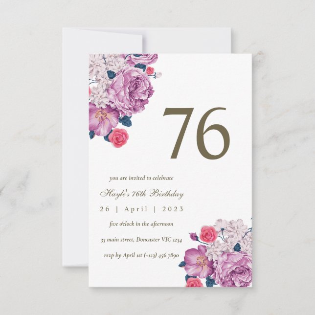 Convites Botânico Floral Roxo Simples Chic 76º Aniversário (Frente)