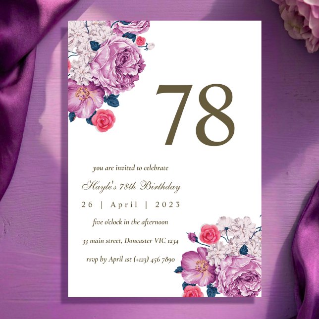 Convites Botânico Floral Roxo Simples Chic 78º Aniversário (Criador carregado)