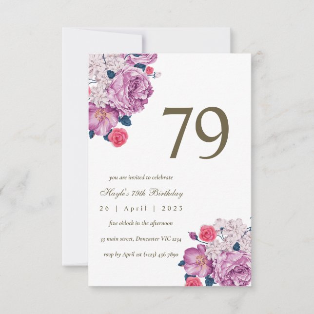 Convites Botânico Floral Roxo Simples Chic 79º Aniversário (Frente)