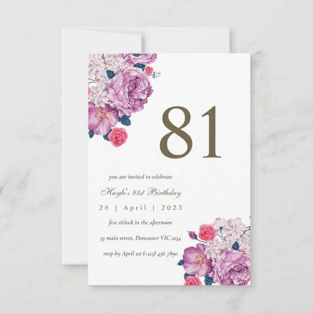 Convites Botânico Floral Roxo Simples Chic 81º Aniversário (Frente)