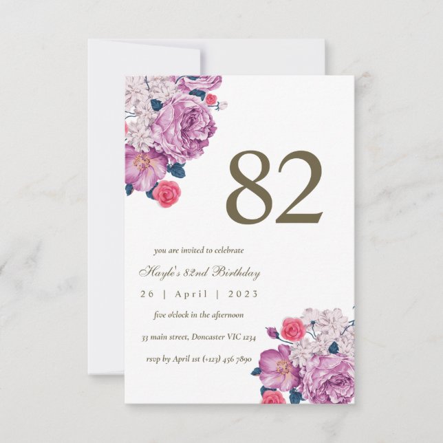 Convites Botânico Floral Roxo Simples Chic 82º Aniversário (Frente)