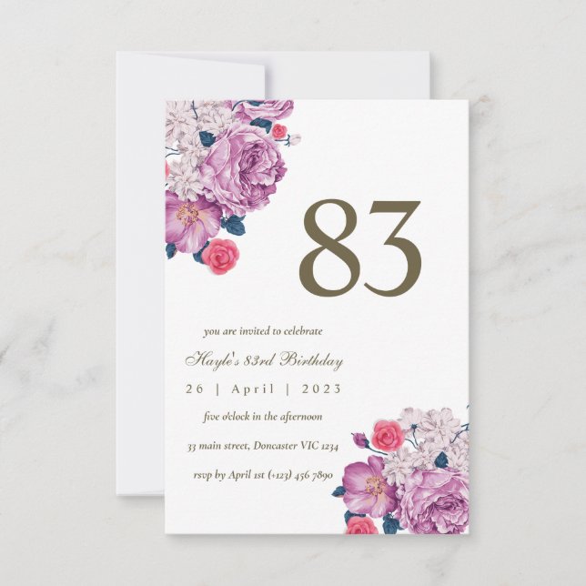 Convites Botânico Floral Roxo Simples Chic 83º Aniversário (Frente)