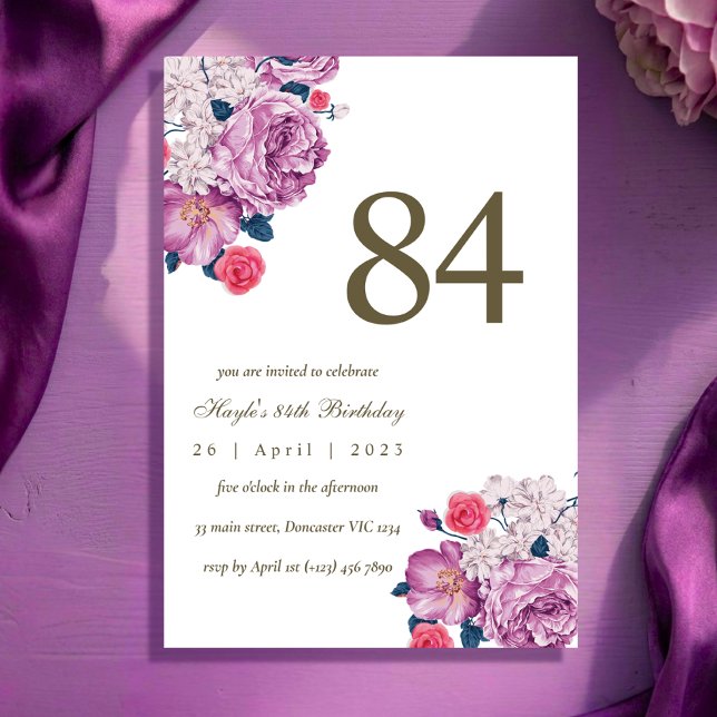 Convites Botânico Floral Roxo Simples Chic 84º Aniversário (Criador carregado)