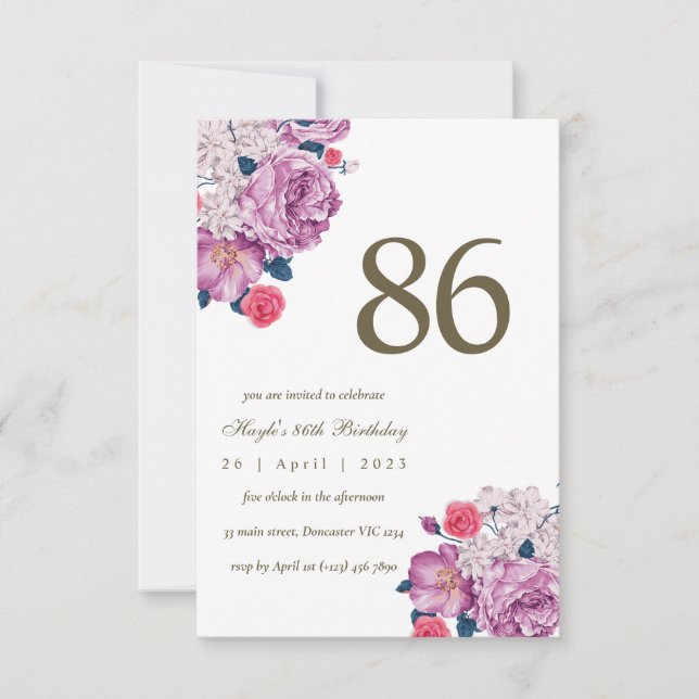 Convites Botânico Floral Roxo Simples Chic 86º Aniversário (Frente)