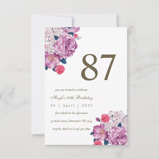 Convites Botânico Floral Roxo Simples Chic 87º Aniversário (Frente)