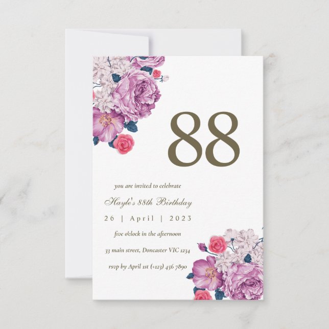 Convites Botânico Floral Roxo Simples Chic 88º Aniversário (Frente)