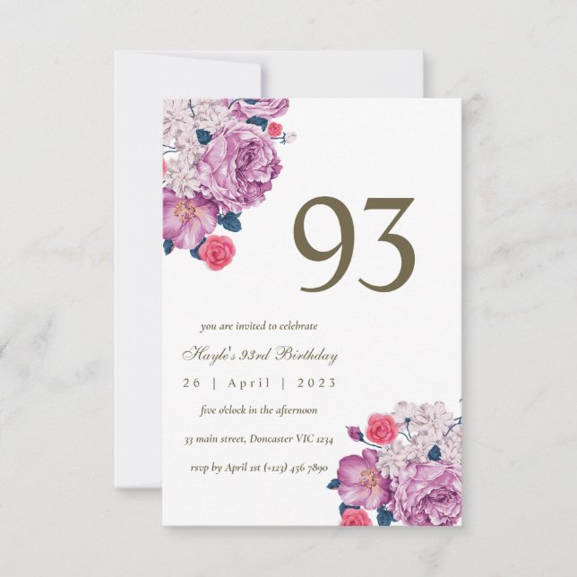 Convites Botânico Floral Roxo Simples Chic 93º Aniversário (Frente)