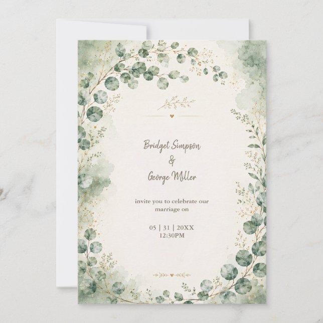 Convites Botânicos de Noiva de Eucalipto Sage Elegantes (Frente)