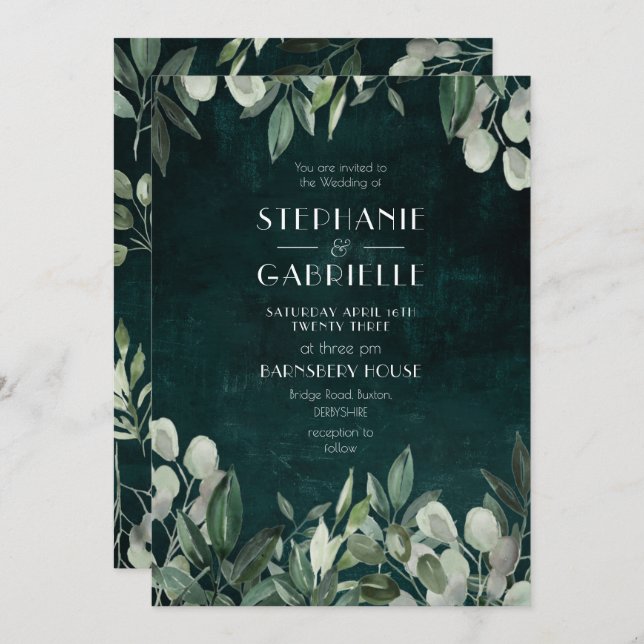 Convites Botânicos elegantes de folha de cor aquática caçam (Frente/Verso)