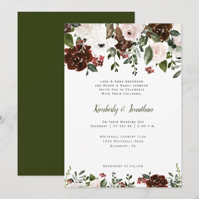 Convites Botânicos Florais Vermelho Branco Floresta Verde I (Frente/Verso)