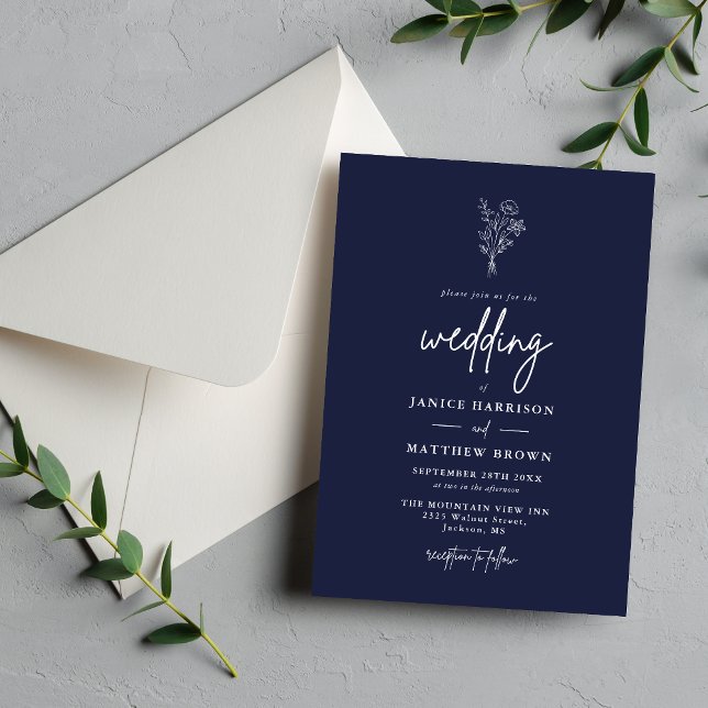 Convites Botânicos Minimalistas Modernos Casamento Azul Mar (Minimalist navy blue botanical invitation adds a classic, refined touch to your wedding announcement)