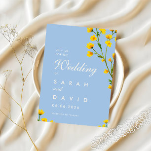 Convites Botão-de-ouro azul e amarelo casamento editável