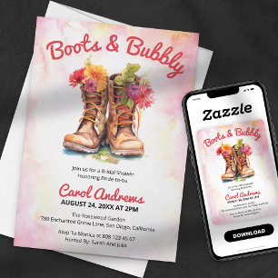 Convites Botas & Bubbly Floral Aquarela Chá de Noiva