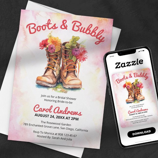 Convites Botas & Bubbly Floral Aquarela Chá de Noiva (Criador carregado)