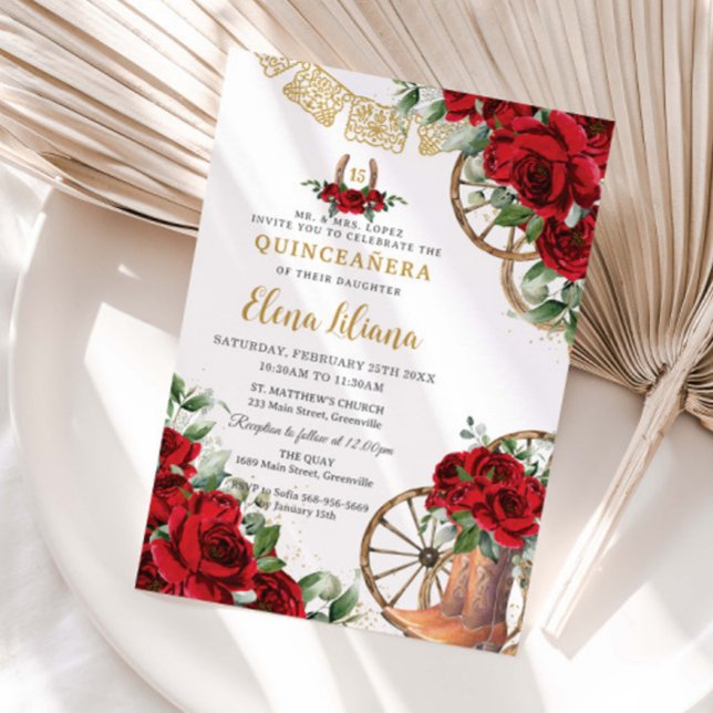 Convites Botas Charro Florais de Rosas Vermelhas Sweet 16 Q (Criador carregado)