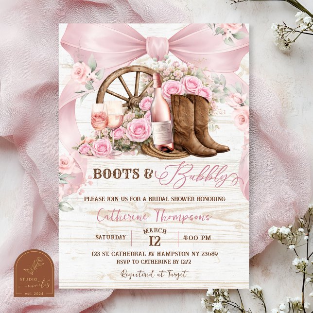 Convites Botas Coquette com Laço Rosa e Chuveiro de Noiva B (Criador carregado)