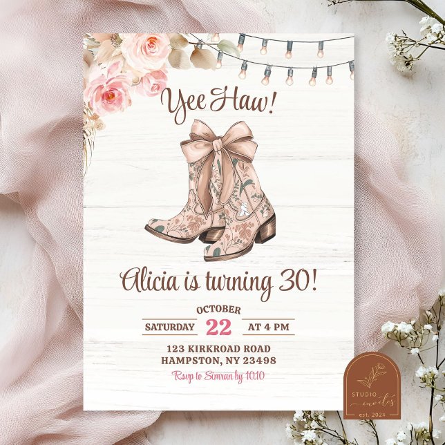 Convites Botas Coquette Florais Rosa Aniversário (Criador carregado)