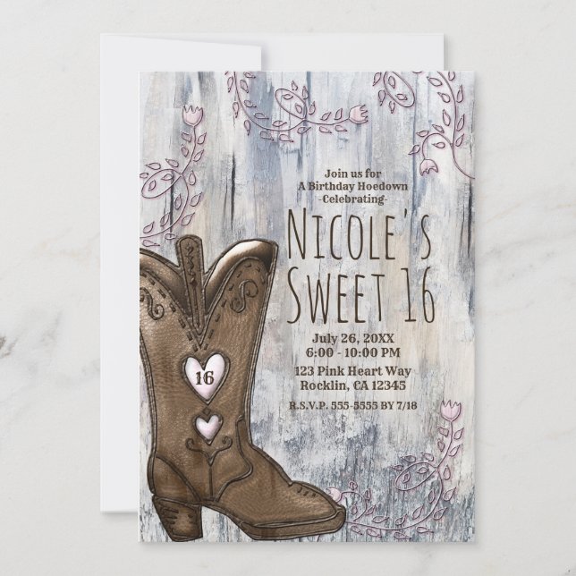 Convites Botas Cowgirl Rosa Rústicas Fofas Sweet 16  (Frente)