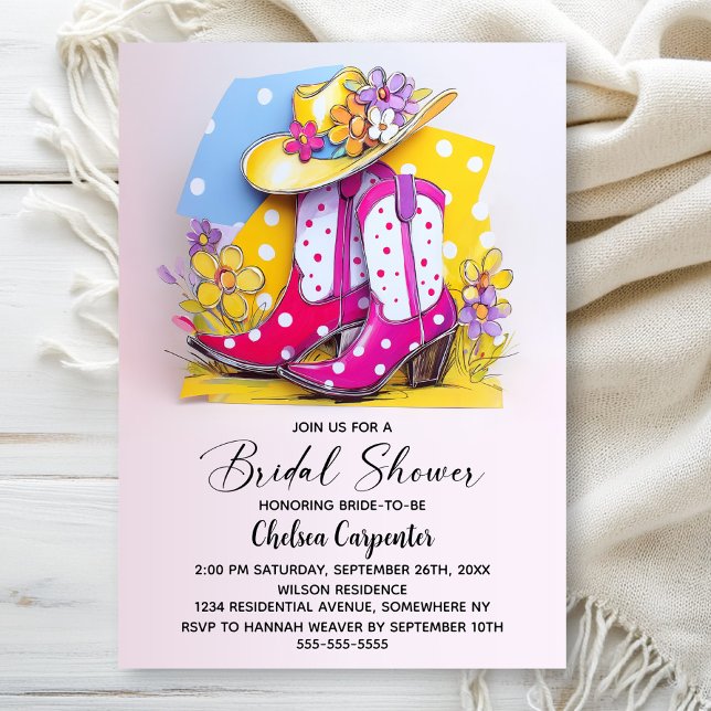 Convites Botas de Bolinhas Rosa e Chapéu de Cowboy Chá de N (Criador carregado)