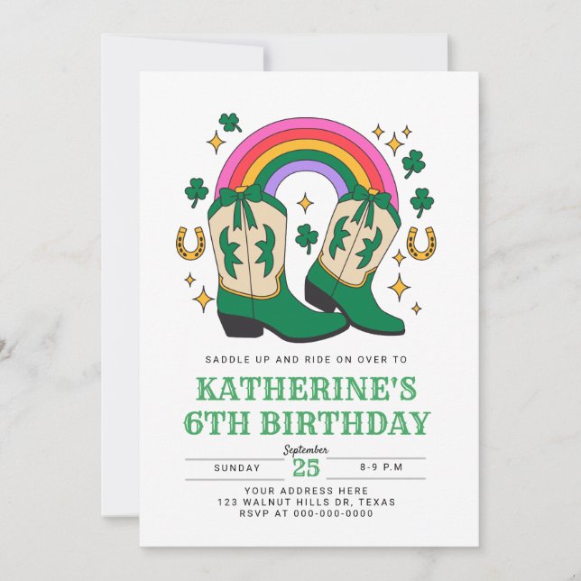 Convites Botas de cowboy com Rainbow e Shamrocks Aniversári (Frente)