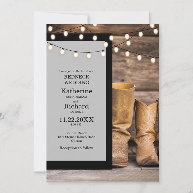 Convites Botas de Cowboy de Casamento Redneck Luzes Cinza e (Frente)