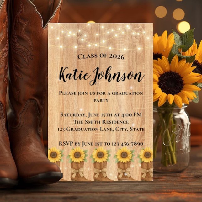 Convites Botas de Cowboy de Girassol Rústico Festa de Gradu (Celebrate your grad with this rustic sunflower and cowboy boot country bohemian invitation.)