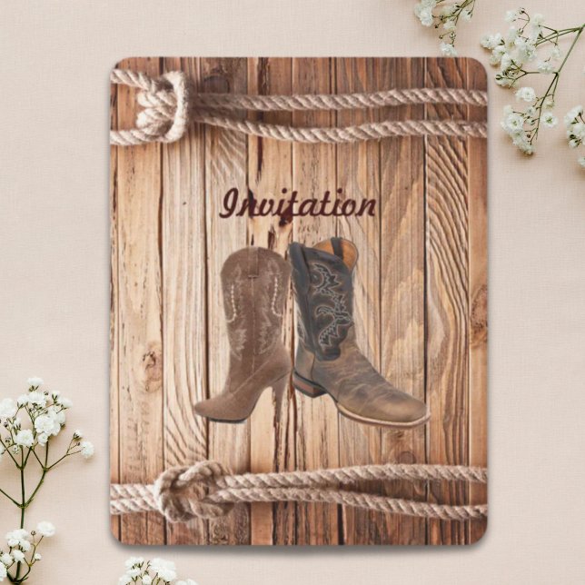 Convites Botas de Cowboy de madeira de celeiro Casamento co (barn wood Cowboy Boots Western country Wedding Invitation)